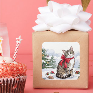 Mia the Festive Cat with Holiday Decor Square Sticker
