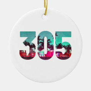 Miami 305 Area Code Florida Vintage Palm Trees Pri Ceramic Ornament