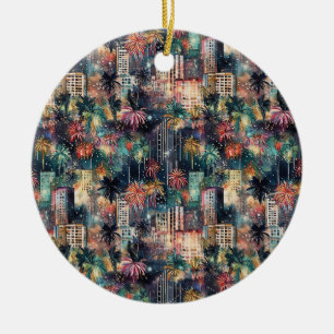 Miami at New Year's in Watercolors Ceramic Ornament