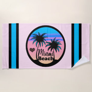 Miami Beach Blue and Pink Palm Trees Beach Towel