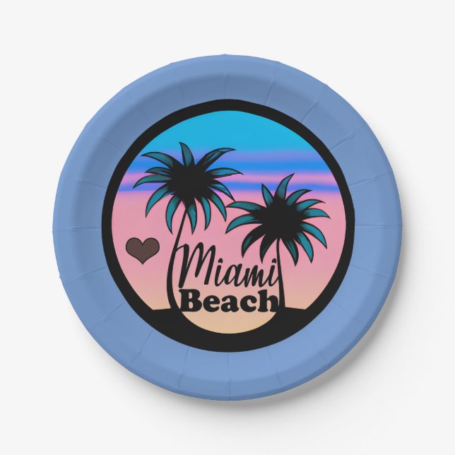 Miami Beach Blue and Pink Palm Trees Paper Plate (Front)