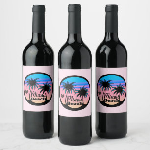 Miami Beach Blue and Pink Palm Trees Wine Label