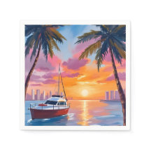 Miami Beach Boat Bay Sunset Watercolor Painting