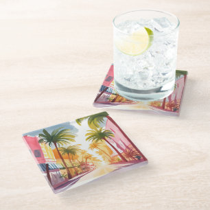 Miami Beach   Bright Colourful Watercolor Painting Glass Coaster