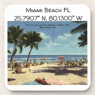Miami Beach FL Map Coordinates Vintage Style Coaster