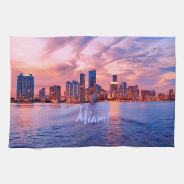 Miami Beach Florida City Skyline Tea Towel (Horizontal)
