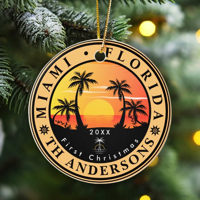 Miami Beach Florida Retro Sunset Palm Tree 80s Ceramic Ornament (Creator Uploaded)