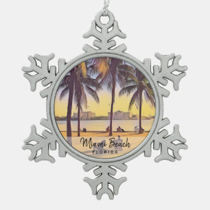 Miami Beach Florida Vintage Watercolor Art Snowflake Pewter Christmas Ornament