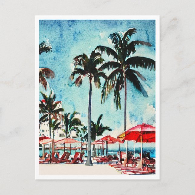 Miami Beach Florida Watercolor Painting Postcard (Front)