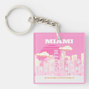 Miami Beach, Miami Travel Art, Preppy, Pink Key Ring