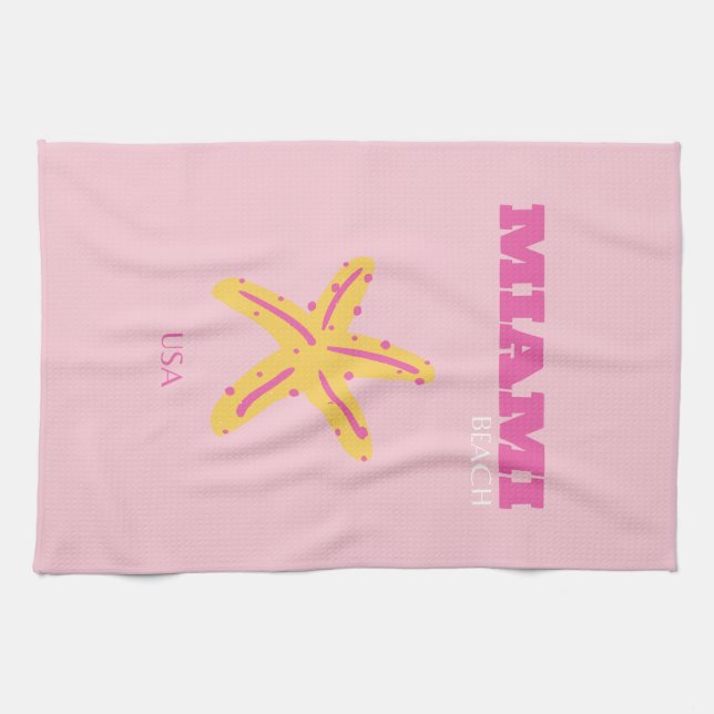 Miami Beach, Miami Travel Art, Preppy Room, Pink Tea Towel (Horizontal)
