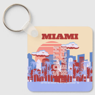Miami Beach, Miami Travel Art, Retro Key Ring