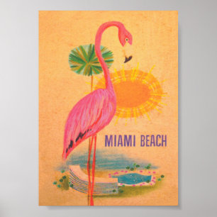 Miami Beach Pink Flamingo Vintage Travel Poster