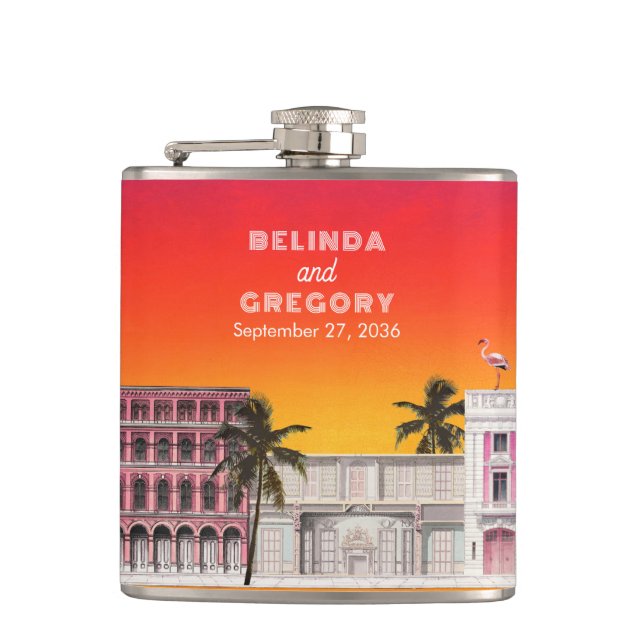 Miami Beach Rainbow Row Charleston Palm Wedding Hip Flask (Front)