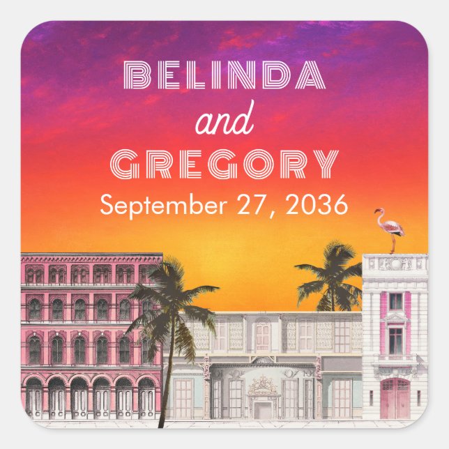 Miami Beach Rainbow Row Charleston Palm Wedding Square Sticker (Front)