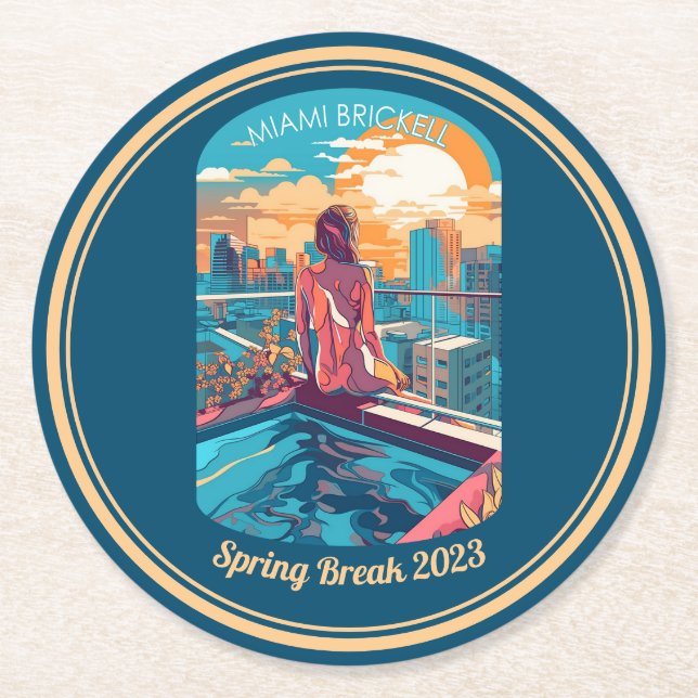 Miami Brickell Woman on a Rooftop Hottub Round Paper Coaster (Front)