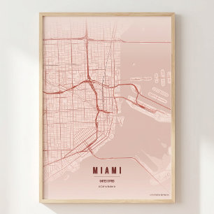 Miami Coral Print Florida City Map Wallart Poster