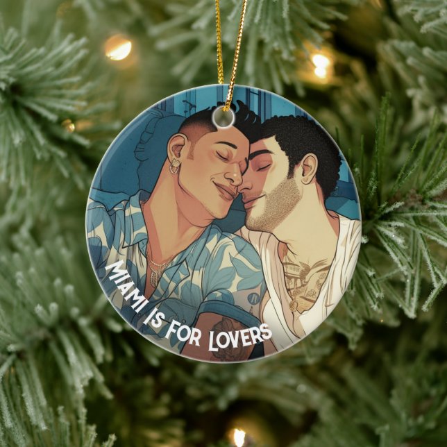 Miami Downtown Gay Men Cuddling Illustration Ceramic Ornament (Tree)