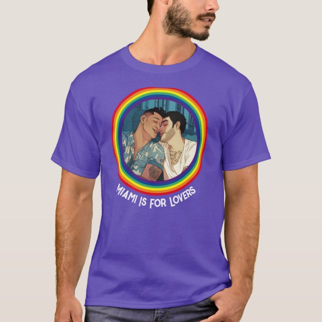 Miami Downtown Gay Men Cuddling Illustration T-Shirt (Front)