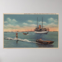 Miami, FL - Water Skiing Scene, Wooden Boat