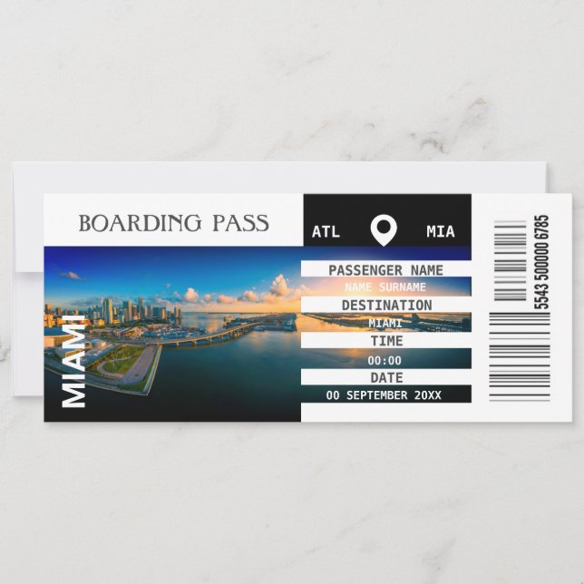 Miami Florida aeroplane boarding pass weekend Invitation (Front)