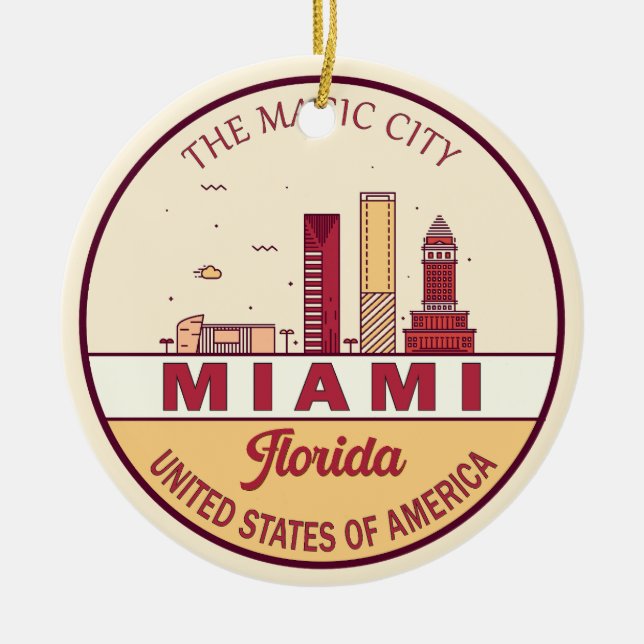 Miami Florida City Skyline Emblem Ceramic Ornament (Front)