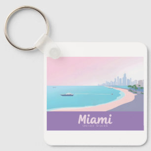 Miami Florida Coastline Cityscape Pastel Travel Key Ring