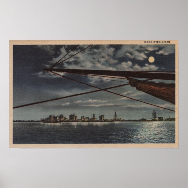 Miami, Florida - Moonlit View of City Over Water Poster (Front)
