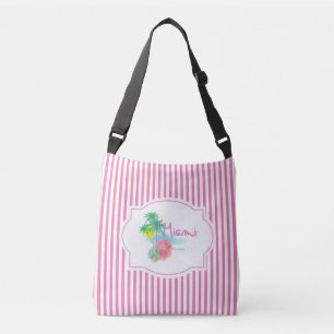 Miami, Florida, Palms, Flowers, Pink Stripes Crossbody Bag