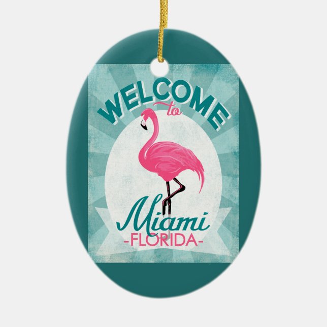 Miami Florida Pink Flamingo Retro Ceramic Ornament (Front)