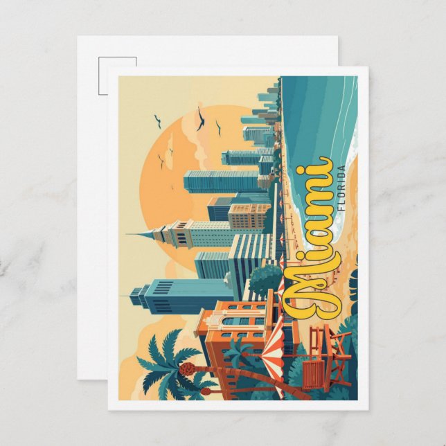 Miami Florida Pop Art Travel Illustration Postcard (Front/Back)