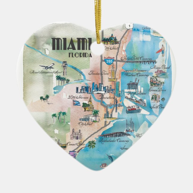 Miami Florida Retro Map Ceramic Tree Decoration (Front)