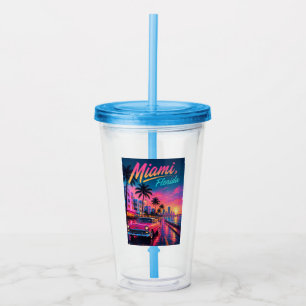 Miami Florida Retro Neon Sunset Travel Acrylic Tumbler