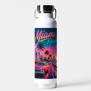 Miami Florida Retro Neon Sunset Travel Water Bottle