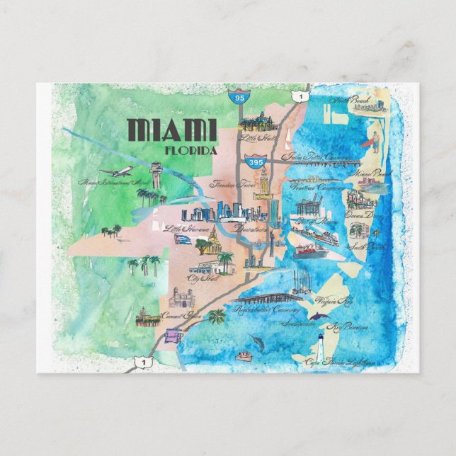 Miami Florida Retro Travel Map Postcard (Front)