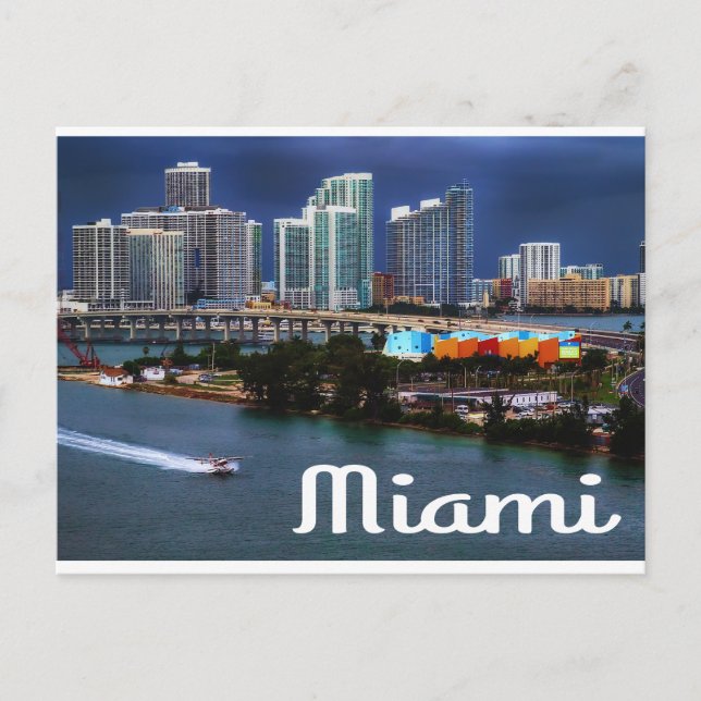 Miami Florida Skyline and Harbour At Night- USA Postcard (Front)