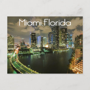 Miami Florida Skyline and Harbour At Night- USA Postcard