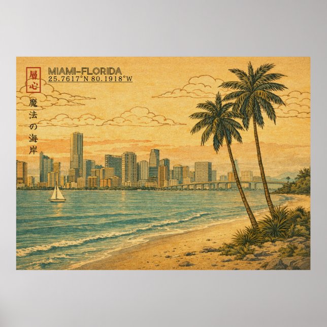 Miami Florida Skyline in Japanese Ukiyo-e Poster (Front)