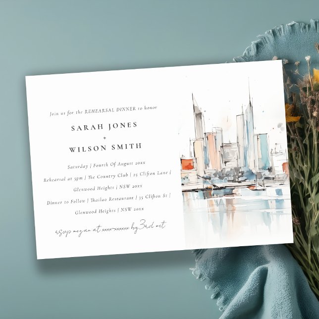 Miami Florida Skyline Watercolor Rehearsal Dinner Invitation (Creator Uploaded)