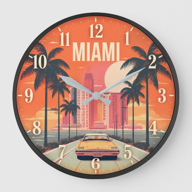 Miami Florida Sunset Retro Coastal Cityscape Large Clock (Front)