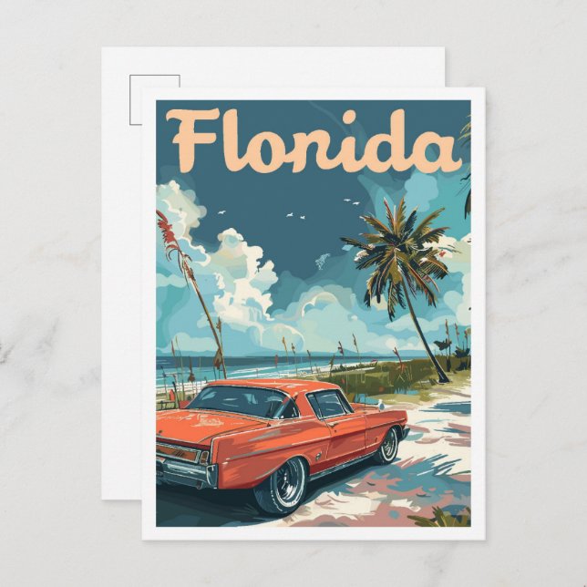 Miami Florida Vintage Travel Illustration Postcard (Front/Back)