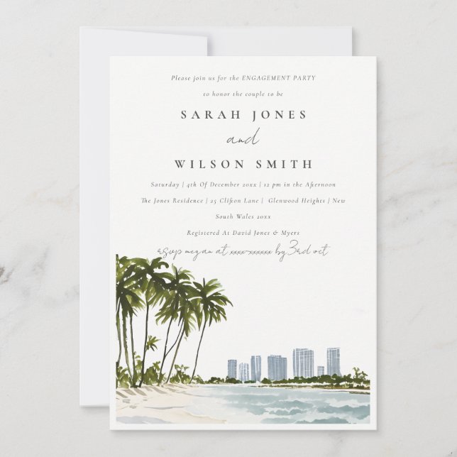Miami Florida Watercolor Palm Landscape Engagement Invitation (Front)