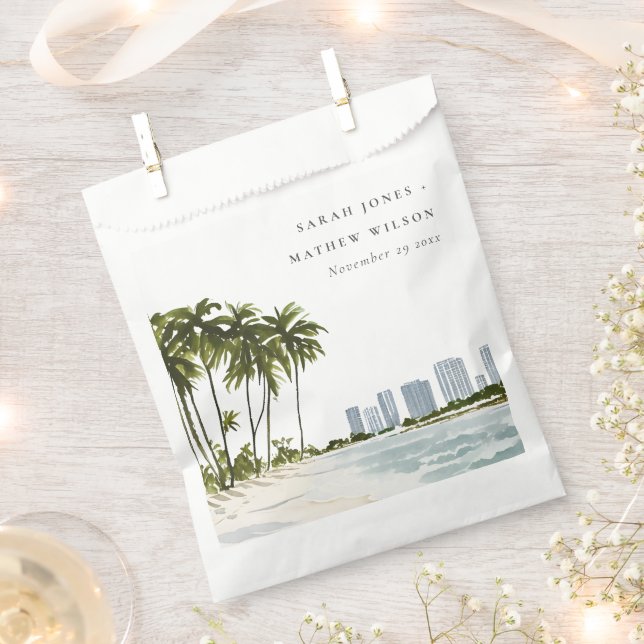Miami Florida Watercolor Palm Landscape Wedding Favour Bag (Clipped)