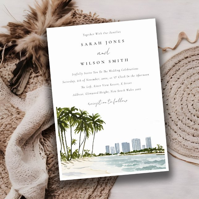 Miami Florida Watercolor Palm Landscape Wedding Invitation (Creator Uploaded)