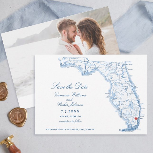 Miami Florida Wedding Elegant Navy Map Save The Date (Elegant Miami Florida save the date with navy blue map from Coastal Map Designs)