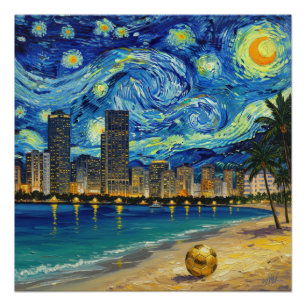 Miami Golden Shore Soccer Elegant and Oil Fine Art Poster