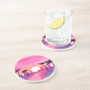 Miami in Pink Bright Watercolor Painting Coaster
