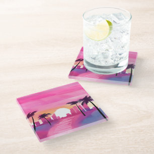 Miami in Pink Bright Watercolor Painting Glass Coaster