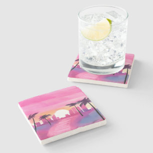 Miami in Pink Bright Watercolor Painting Stone Coaster