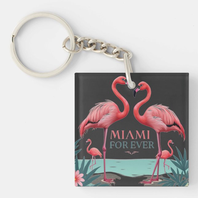 Miami Keyring - Pink flamingos and palm trees tro (Front)